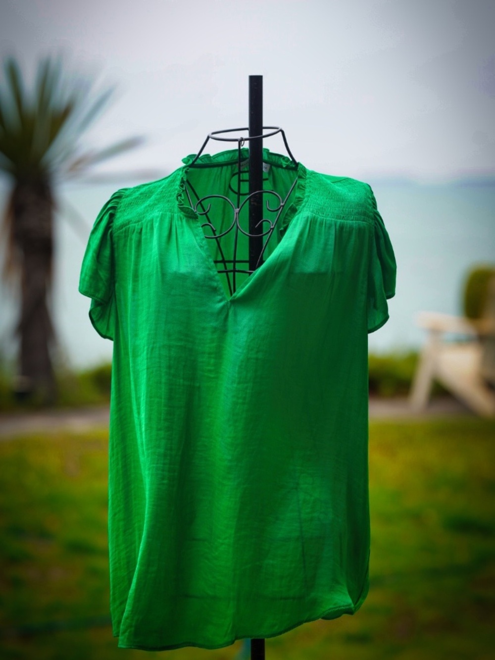Maison d'Amélie Paris Kelly Green Smocked Shoulder Blouse - Size Medium